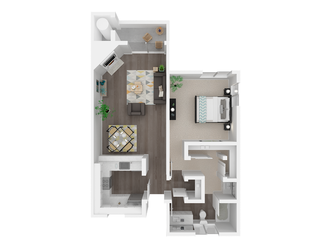 Floor plan for 1 bed, 1 bath, 688 sqft